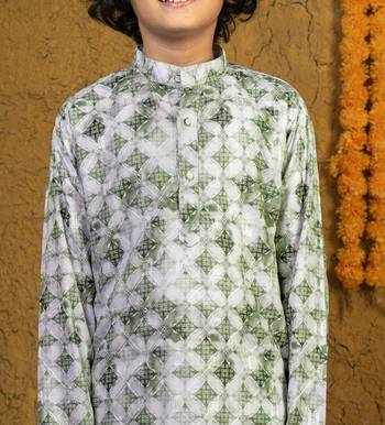 Boys green rayon diamond motifs embroidered printed kurta pyjama set 5