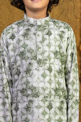 Boys green rayon diamond motifs embroidered printed kurta pyjama set