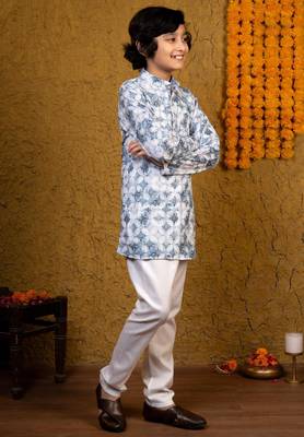 Boys blue rayon diamond motifs embroidered printed kurta pyjama set 3