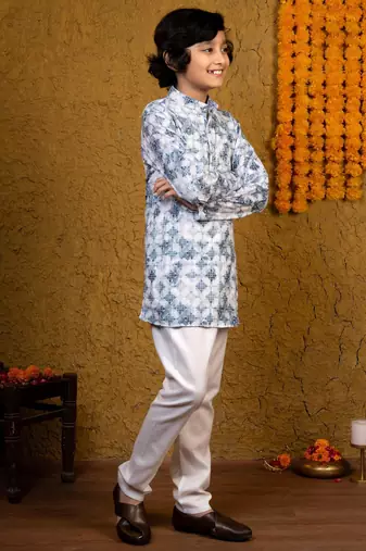 Boys blue rayon diamond motifs embroidered printed kurta pyjama set