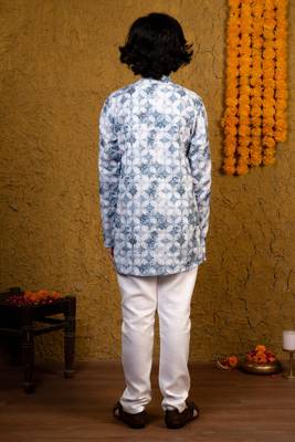 Boys blue rayon diamond motifs embroidered printed kurta pyjama set 4