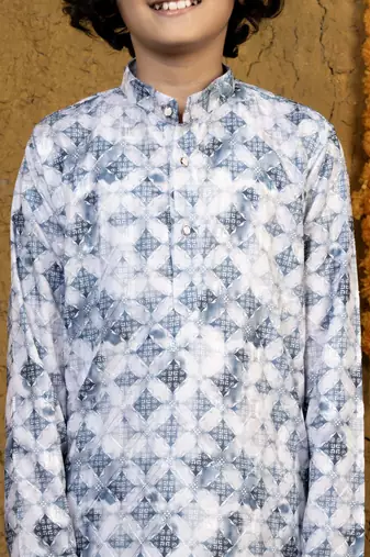 Boys blue rayon diamond motifs embroidered printed kurta pyjama set