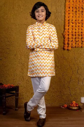 Boys yellow & white cotton chevron zigzag printed kurta with pyjama set