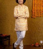 Boys yellow & white cotton chevron zigzag printed kurta with pyjama set