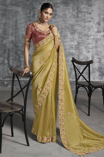 Mustard tissue traditional saree with embroidered, resham and thread work for ceremonial
