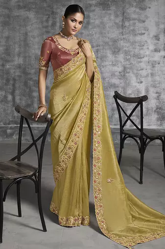Mustard tissue traditional saree with embroidered, resham and thread work for ceremonial