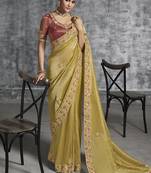 Mustard tissue traditional saree with embroidered, resham and thread work for ceremonial