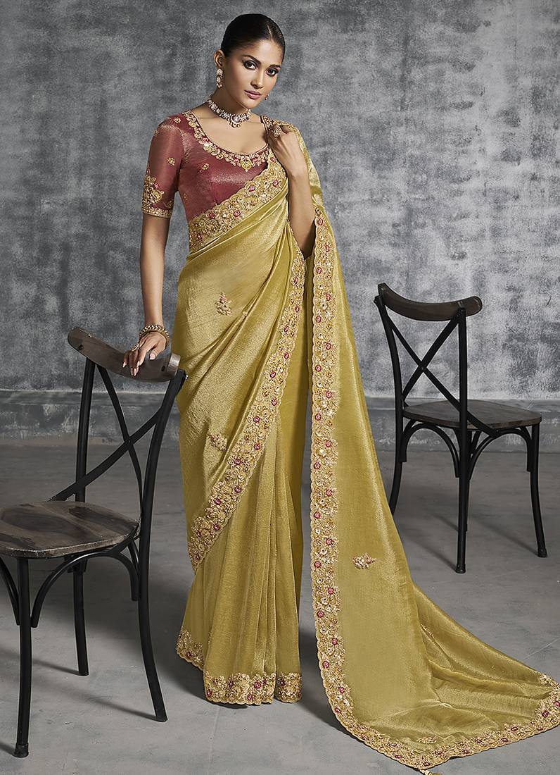 Mustard tissue traditional saree with embroidered, resham and thread work for ceremonial