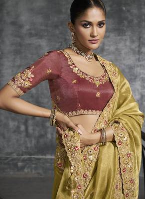 Mustard tissue saree with embroidered work 2