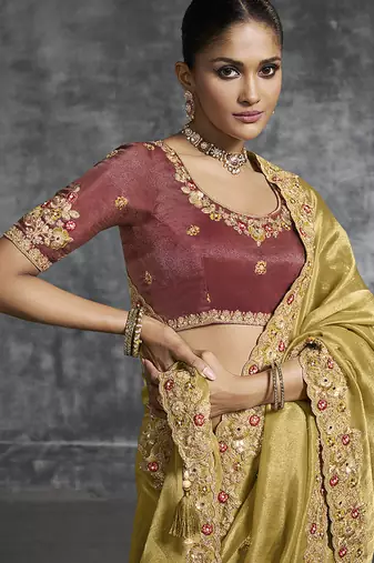 Mustard tissue saree with embroidered work