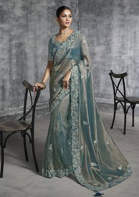 Teal blue tissue saree with embroidered work 1