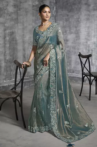 Teal blue tissue traditional saree with embroidered, resham and thread work for ceremonial
