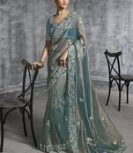 Teal blue tissue traditional saree with embroidered, resham and thread work for ceremonial
