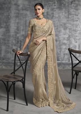 Beige tissue saree with embroidered work 1