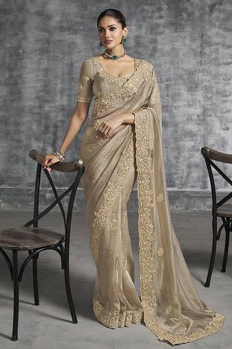 Beige tissue traditional saree with embroidered, resham and thread work for ceremonial