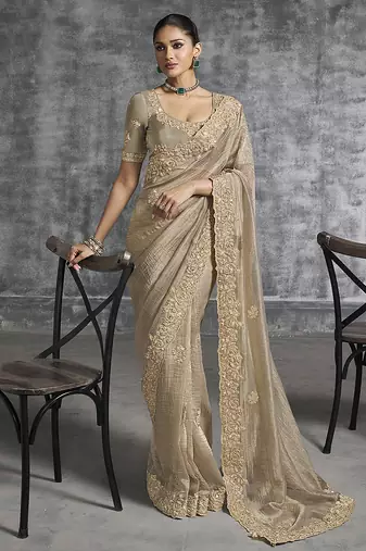 Beige tissue traditional saree with embroidered, resham and thread work for ceremonial