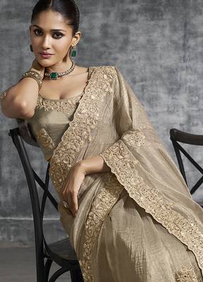 Beige tissue saree with embroidered work 2