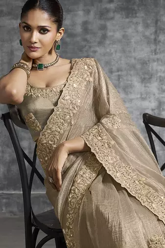 Beige tissue saree with embroidered work