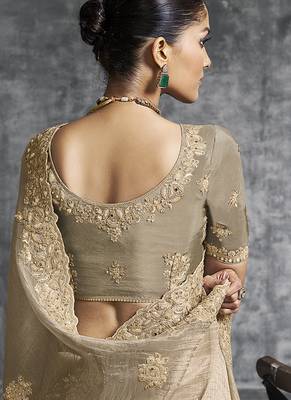Beige tissue saree with embroidered work 3