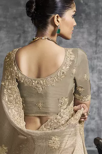 Beige tissue saree with embroidered work