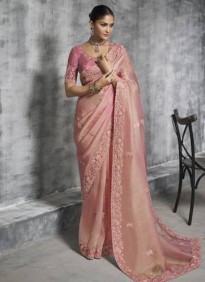 Light pink tissue saree with embroidered work 1