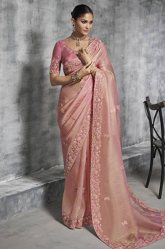 Light pink tissue traditional saree with embroidered, resham and thread work for ceremonial