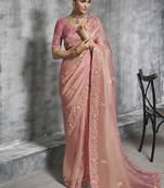 Light pink tissue traditional saree with embroidered, resham and thread work for ceremonial
