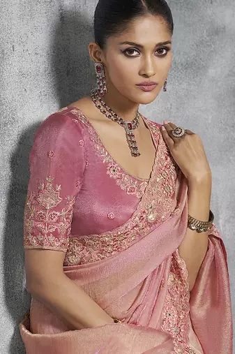 Light pink tissue saree with embroidered work