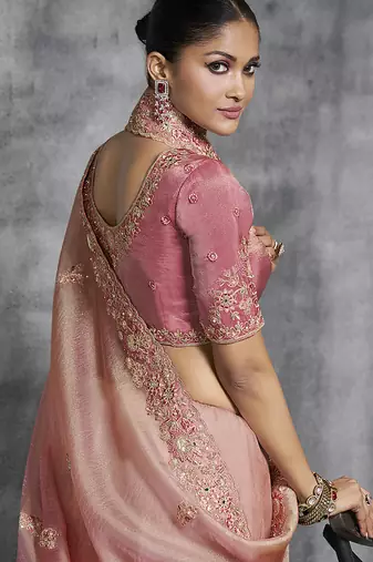 Light pink tissue saree with embroidered work