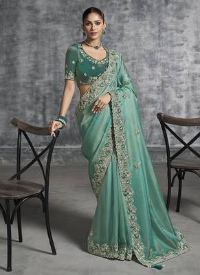 Turquoise tissue saree with embroidered work 1
