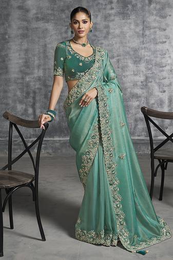 Turquoise tissue traditional saree with embroidered, resham and thread work for ceremonial