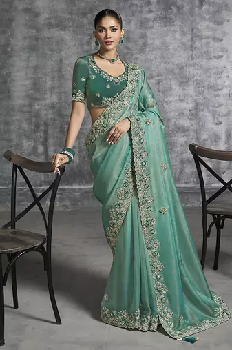 Turquoise tissue traditional saree with embroidered, resham and thread work for ceremonial