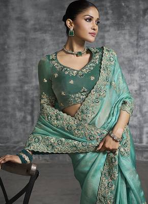 Turquoise tissue saree with embroidered work 2