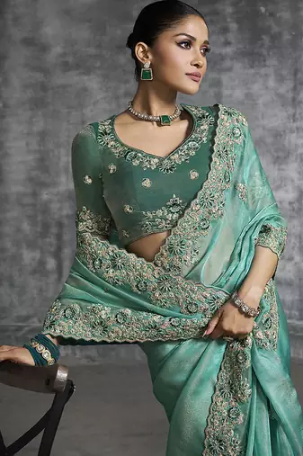 Turquoise tissue saree with embroidered work