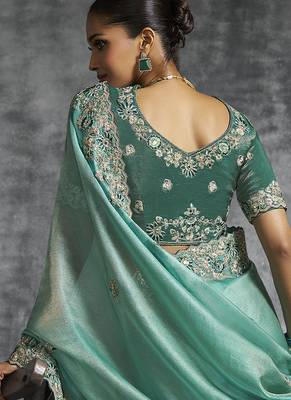 Turquoise tissue saree with embroidered work 3