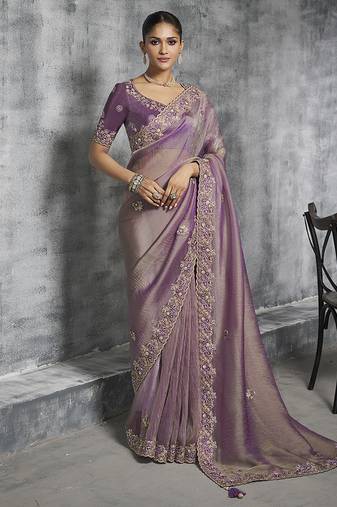 Mauve tissue traditional saree with embroidered, resham and thread work for ceremonial