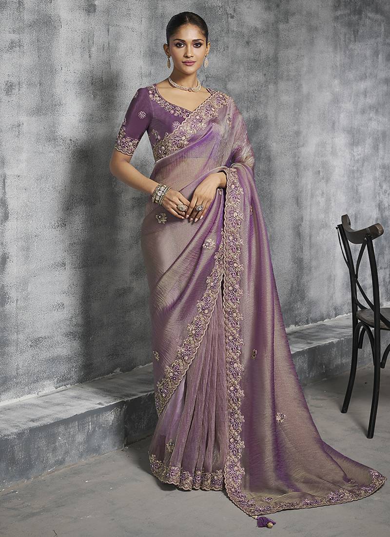 Mauve tissue traditional saree with embroidered, resham and thread work for ceremonial