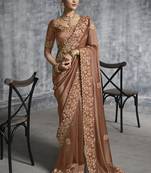Brown tissue traditional saree with embroidered, resham and thread work for ceremonial