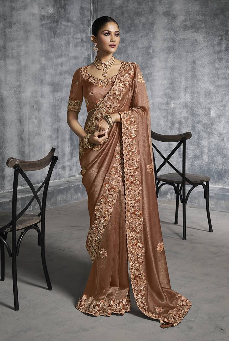 Brown tissue traditional saree with embroidered, resham and thread work for ceremonial