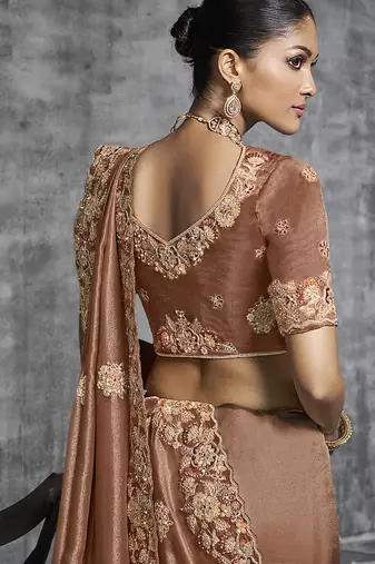Brown tissue saree with embroidered work