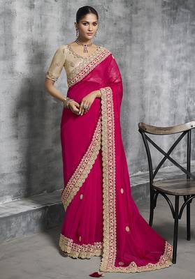 Hot pink embroidered and lace work satin saree 1