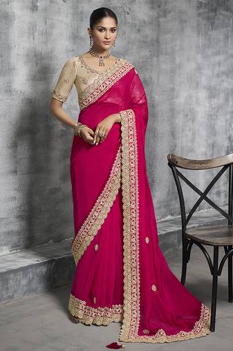 Hot pink embroidered and lace work rangoli satin contemporary sari