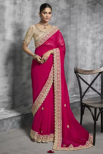 Hot pink embroidered and lace work rangoli satin contemporary sari