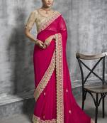 Hot pink embroidered and lace work rangoli satin contemporary sari