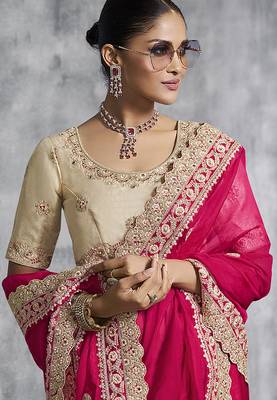 Hot pink embroidered and lace work satin saree 2