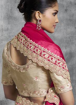 Hot pink embroidered and lace work satin saree 3