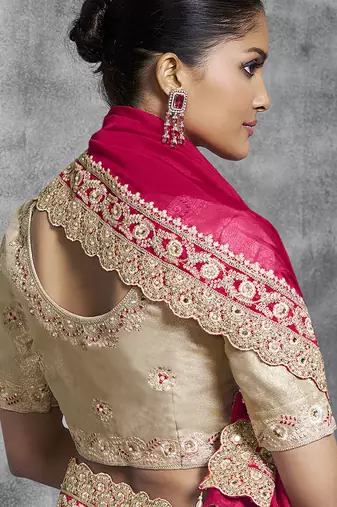 Hot pink embroidered and lace work satin saree