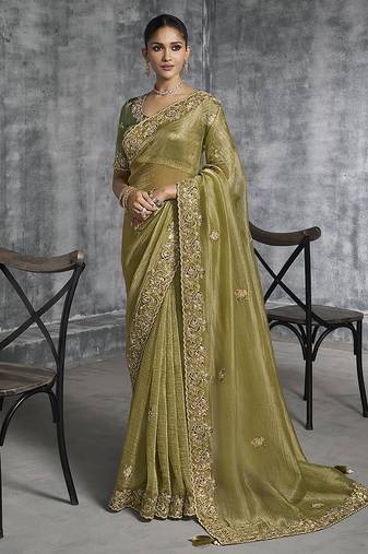 Olive green tissue traditional saree with embroidered, resham and thread work for ceremonial