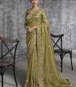 Olive green tissue traditional saree with embroidered, resham and thread work for ceremonial