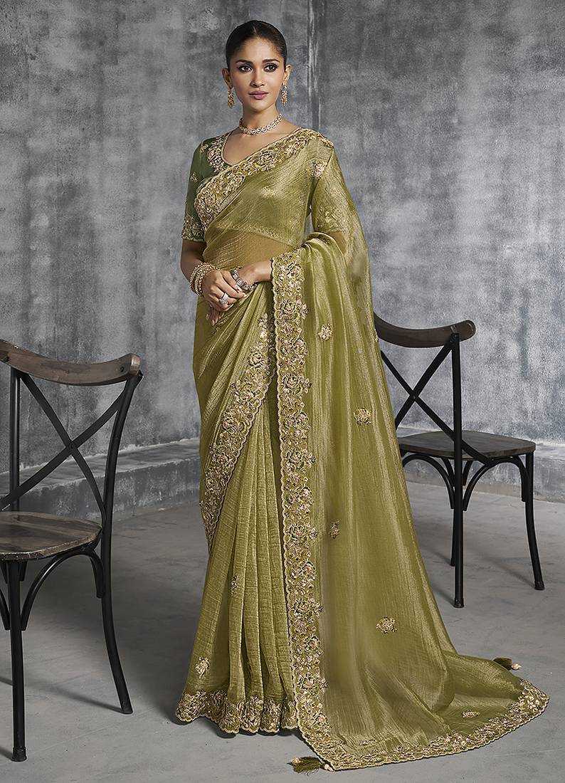 Olive green tissue traditional saree with embroidered, resham and thread work for ceremonial